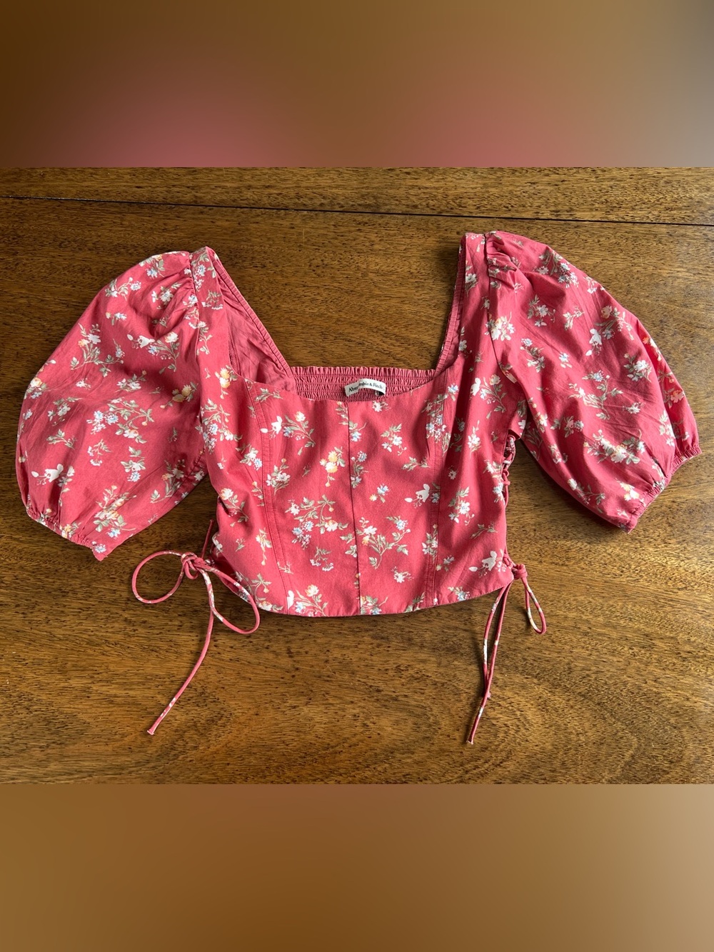 Abercrombie & Fitch Pink Floral Puff Sleeve Lace-Up Corset Crop Top M